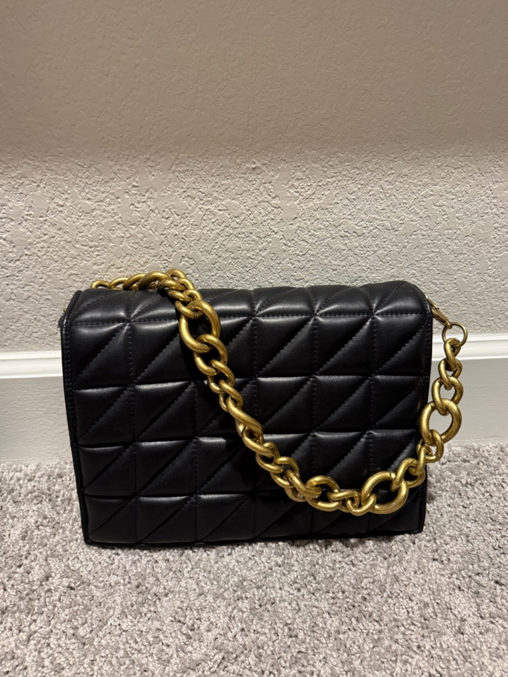 Zara Quilted Black Leather Shoulder Bag with Chunky Gold Chain